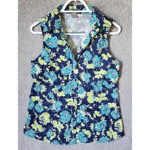 Ann Taylor Women's Sleeveless Collared V Neck Button Up Top Cotton Blue Floral 8